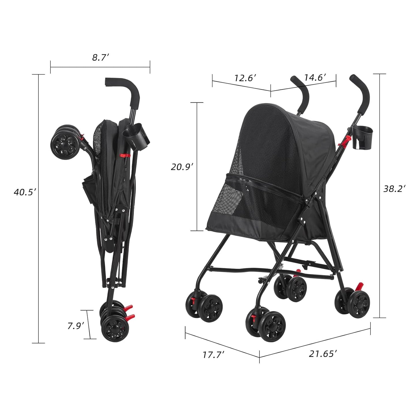 Pet Stroller Oxford Cloth Foldable Dog Strollers for Small Dogs and Cats Suitable for All Road Surfaces Wide-View Panoramic Window 4 Wheels (Black)