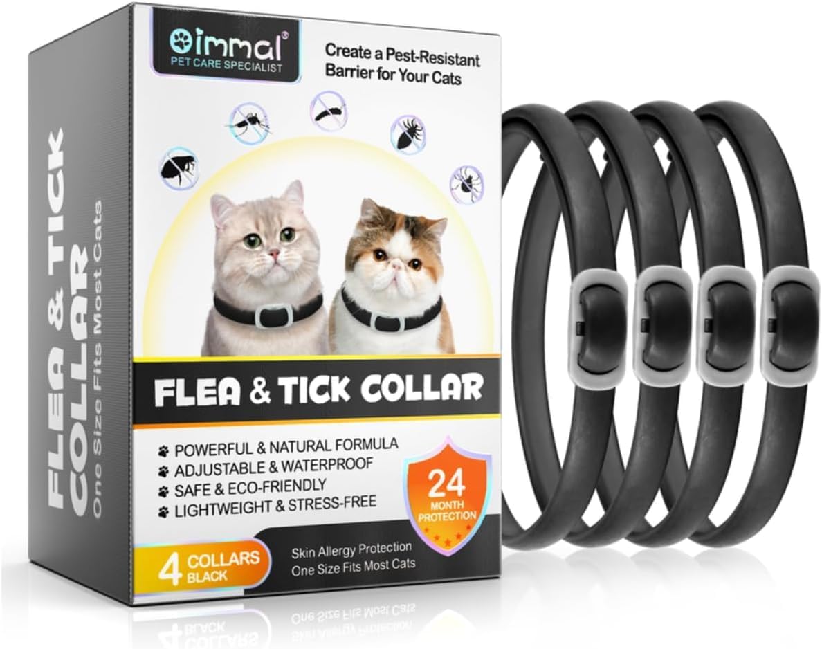 Cat Flea and Tick Collar | 24-Month Flea & Tick Prevention | Adjustable, Water-Resistant & Safe | Natural Ingredients | for Cats of | 4-Pack