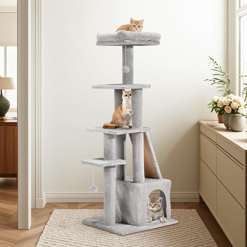 Petzly Cat Tower, 125cm Cat Tree for Indoor Large Cats, Multi-Level Condo with Ladder, Hideaways, Pompoms and Toy, Grey