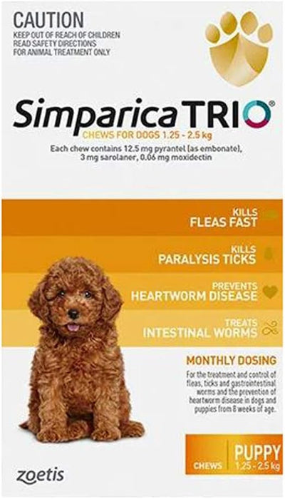 Simparica Trio Flea, Tick and Worming Chews for Dogs 1.3-2.5 kg, Yellow (Pack of 3)