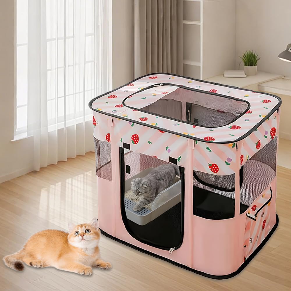 Foldable Pet Playpen, Portable Kennel Crate Cat Playpen for Dog cat (Size M, Pink)