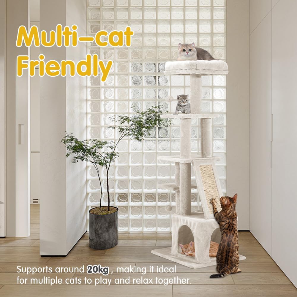 Petzly Cat Tree, 125cm Cat Tower for Large Cats Indoor, Multi-Level Cat Condo with Cat Ladder
