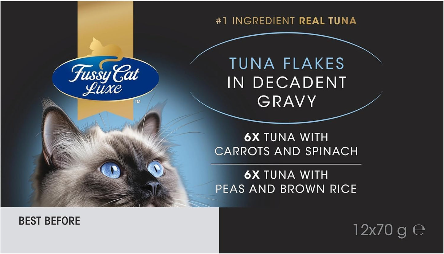 Fussy Cat Luxe Wet Cat Food, Tuna Flakes in Decadent Gravy 12x70g