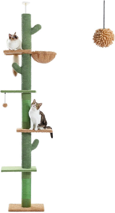 PAWZ Road Cactus Cat Tree Four Tier Floor-to-Ceiling Cat Climbing Tower with Cozy Hammock, Cat Activity Center 9 Feet Green