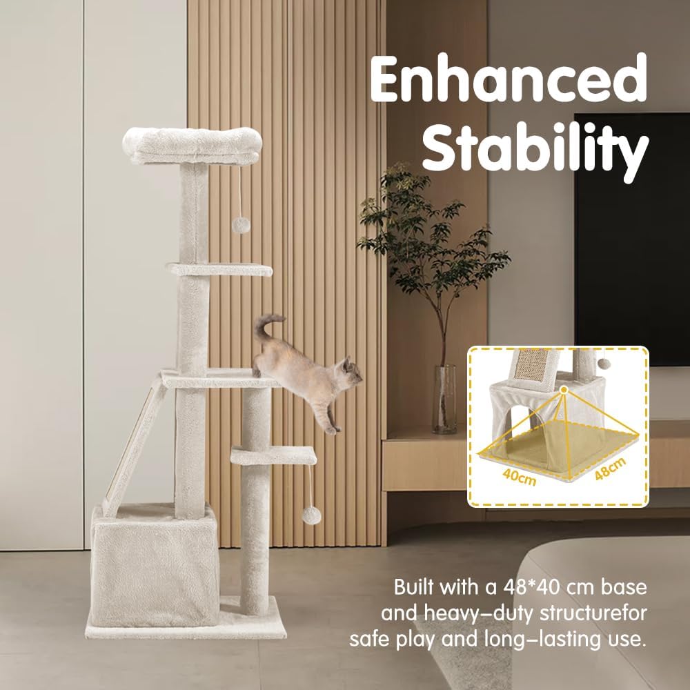 Petzly Cat Tree, 125cm Cat Tower for Large Cats Indoor, Multi-Level Cat Condo with Cat Ladder