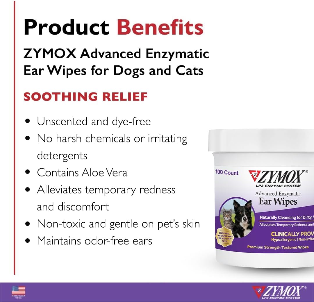 Zymox Advanced Enzymatic Ear Wipes for Dogs and Cats - for Dirty, Waxy, Smelly Ears- Hypoallergenic (100 Count-Pack of 2)