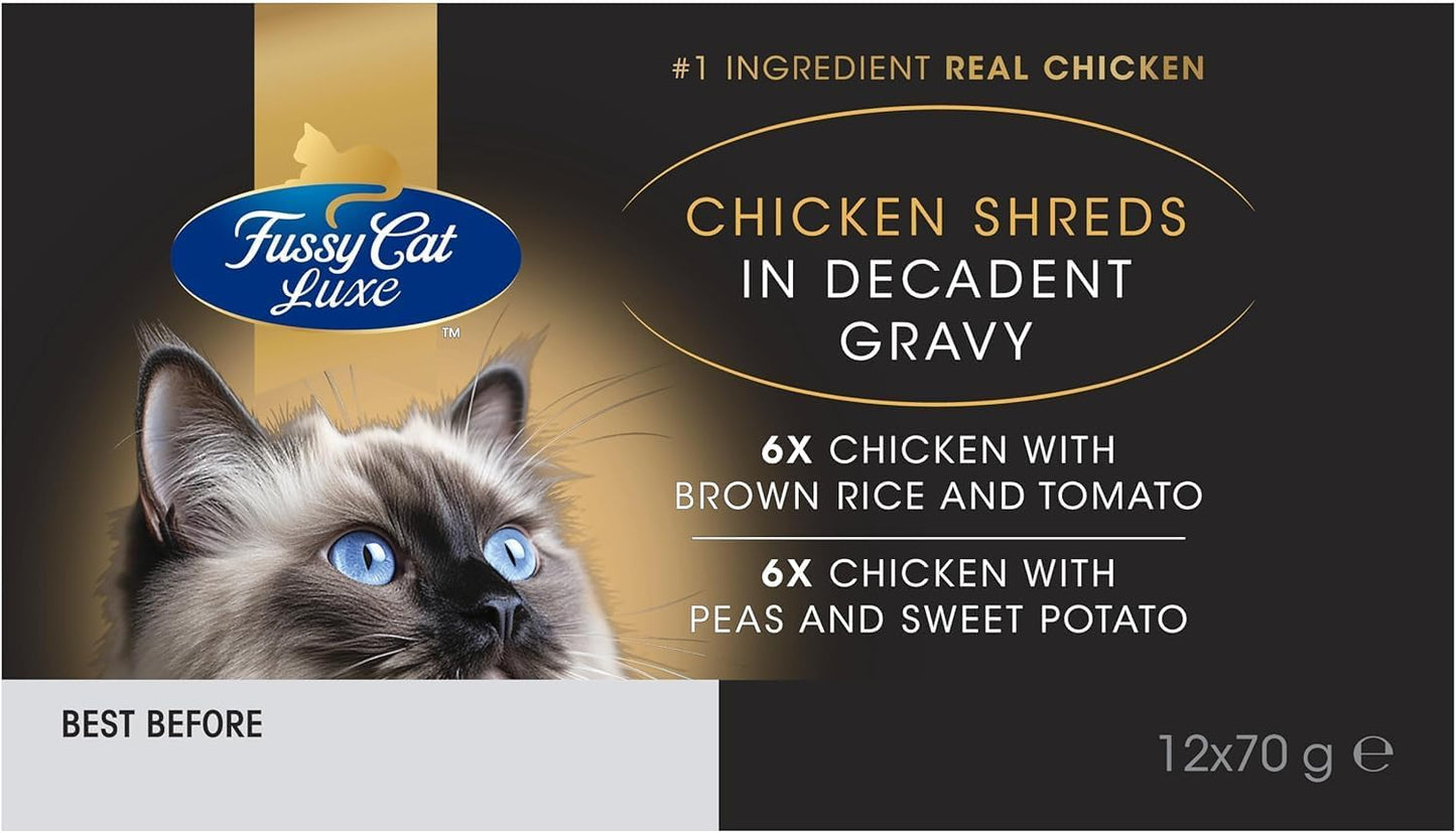 Fussy Cat Luxe Wet Cat Food, Chicken Shreds in Decadent Gravy 12x70g