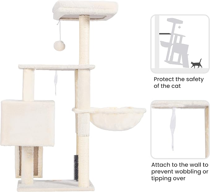Heybly Cat Tree with Cat Self Groomer Brush, Cat Tower Condo for Indoor Cats with Padded Plush Perch,Beige