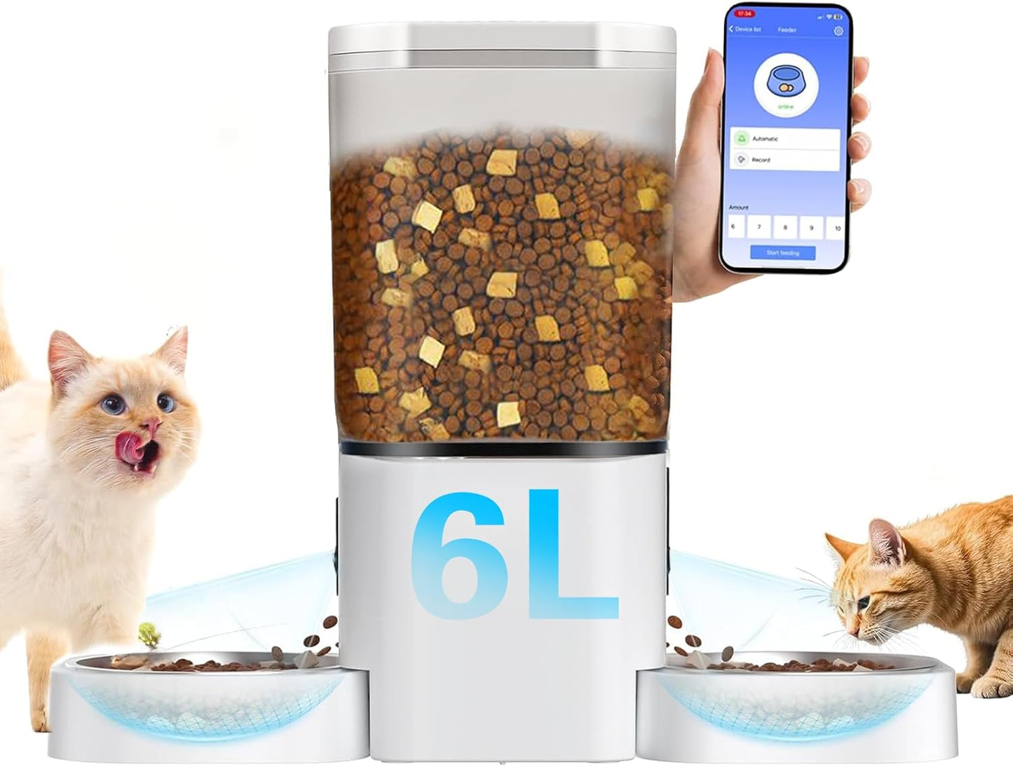 Automatic Cat Feeder for 2 Cat, 6L Dual Auto Cat Food Dispenser with Slow Feed, Smart WiFi APP Control