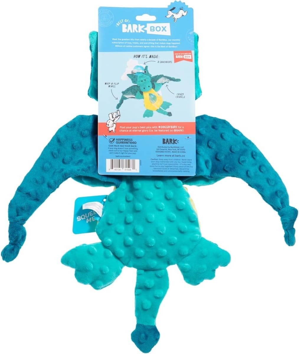 Barkbox Dingbert The Dragon Plush Dog Toy – Squeaky & Crinkly Fantasy Dragon Toy with Flapping Wings for All Dogs