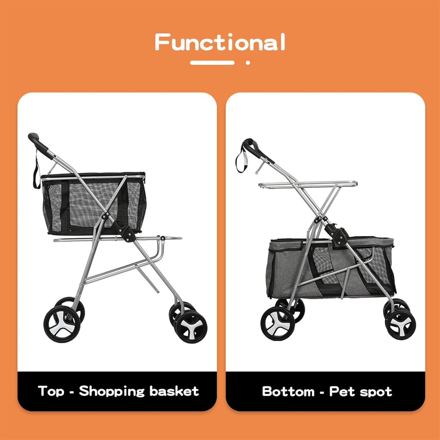 PaWz 2-Tier Pet Stroller, 4 Wheels Pet Carrier with Brake for Dog Cat