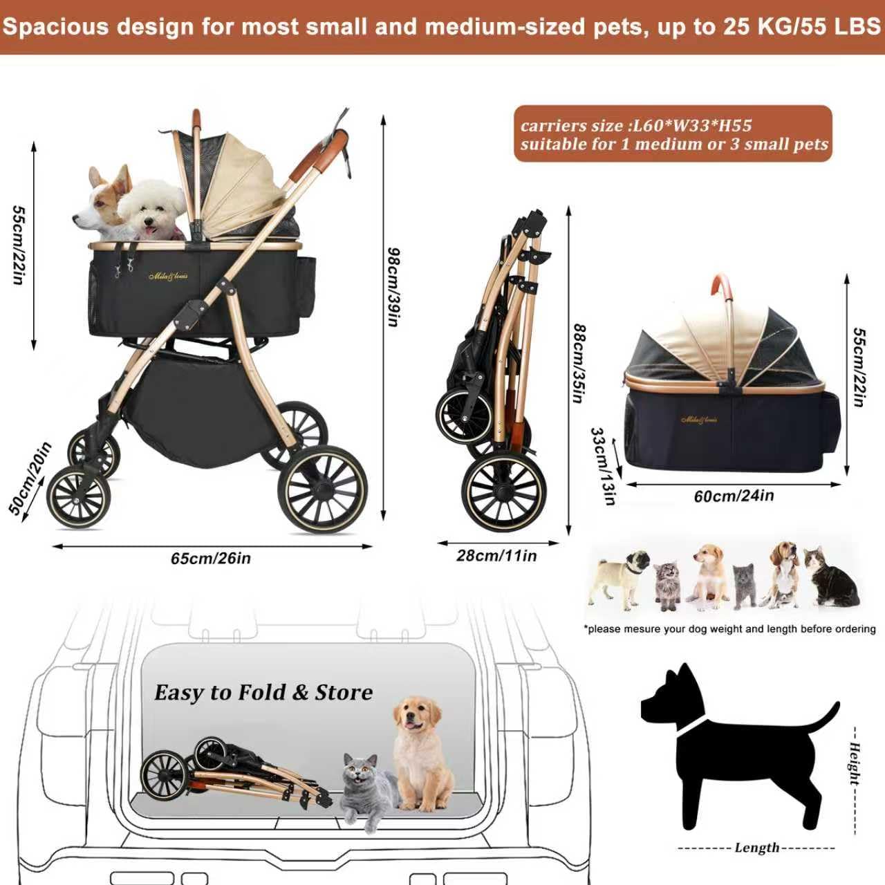 Dog Stroller, 24" Pet Cradle, Large PU Wear-Resistant Wheels, Cat Stroller for Small & Medium 55 lbs, Lightweight Pet Stroller, Detachable Aluminum Cradle, Cup Holder