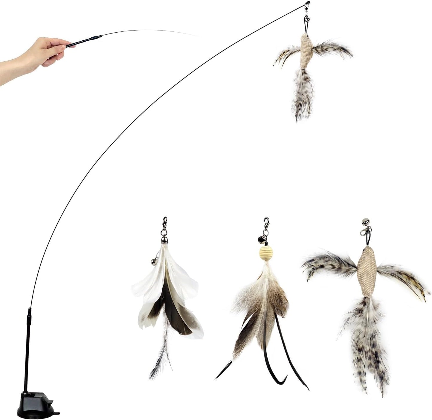 Cat Wand Toys with Suction Cup, Interactive Bird Simulation Cat Toy Set,Cat Teaser Cat Toys,Flexible Steel Wire and 3Pcs Replacement Feather Refills with Bells