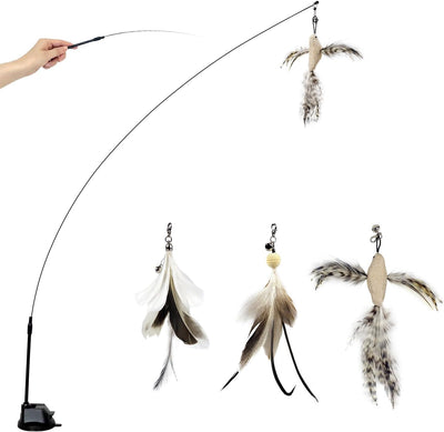 Cat Wand Toys with Suction Cup, Interactive Bird Simulation Cat Toy Set,Cat Teaser Cat Toys,Flexible Steel Wire and 3Pcs Replacement Feather Refills with Bells