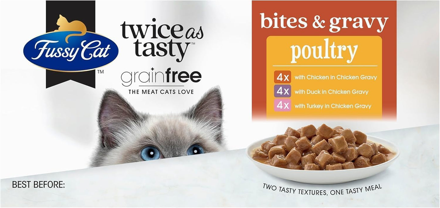 Fussy Cat Grain Free Adult Twice as Tasty Wet Cat Food, Bites & Gravy Poultry 12x80g