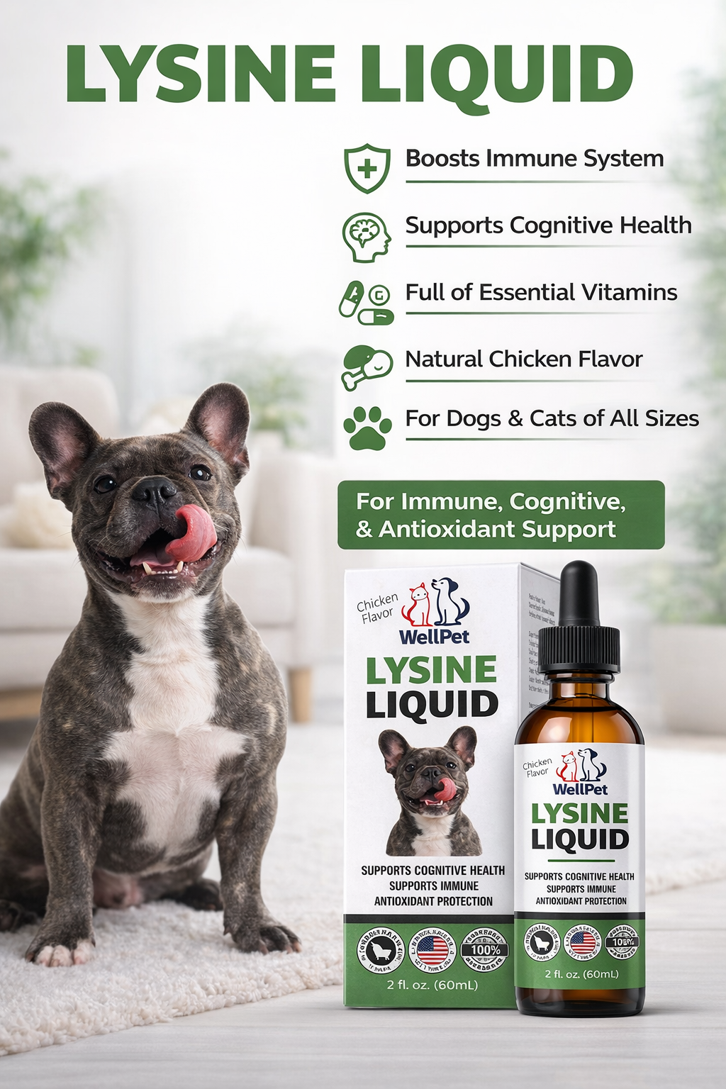 Powerful Lysine Liquid for Pets Strong Immunity & Healthy Pets 2*60ml (2Pack)
