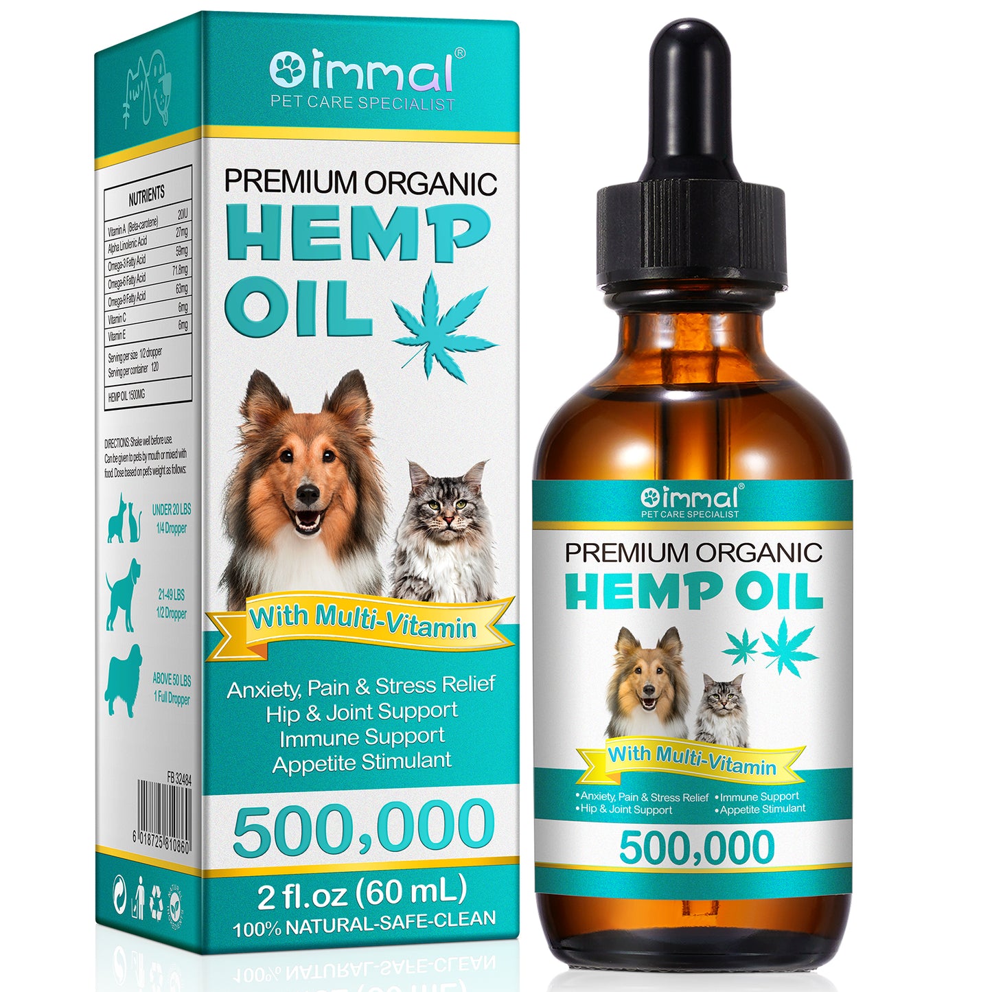 Oimmal Premium Organic Hemp Oil for Dogs & Cats – Natural Anxiety, Pain & Joint Relief with Multivitamins (2 fl oz / 60 mL)