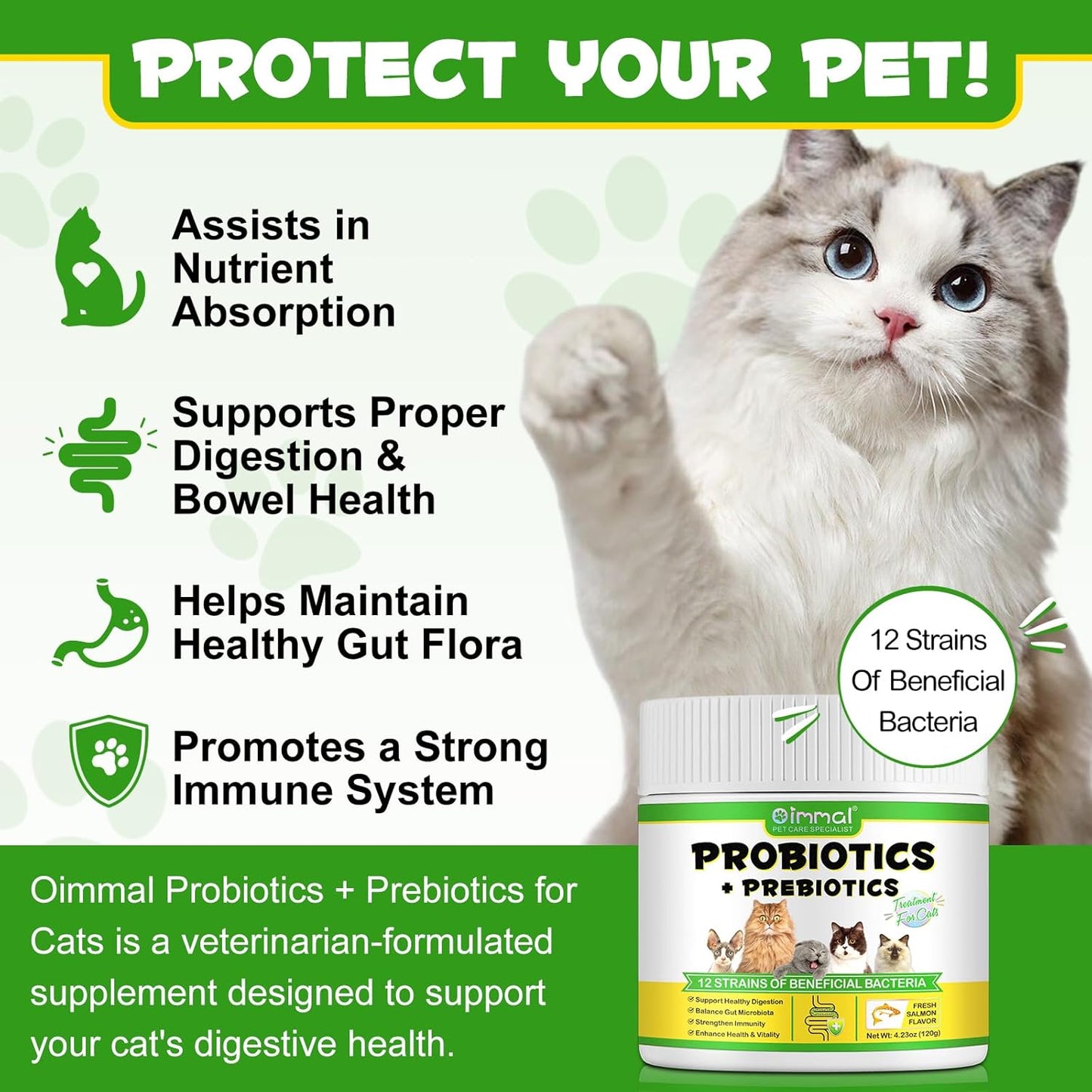 VT- Probiotics for Cats | Cat Probiotic Power | 12 Strains Prebiotics | Beef-Flavored Digestive Powder Supplement | 5 Billion CFUs | Gut Health Support | for All Ages and Breeds | 120g