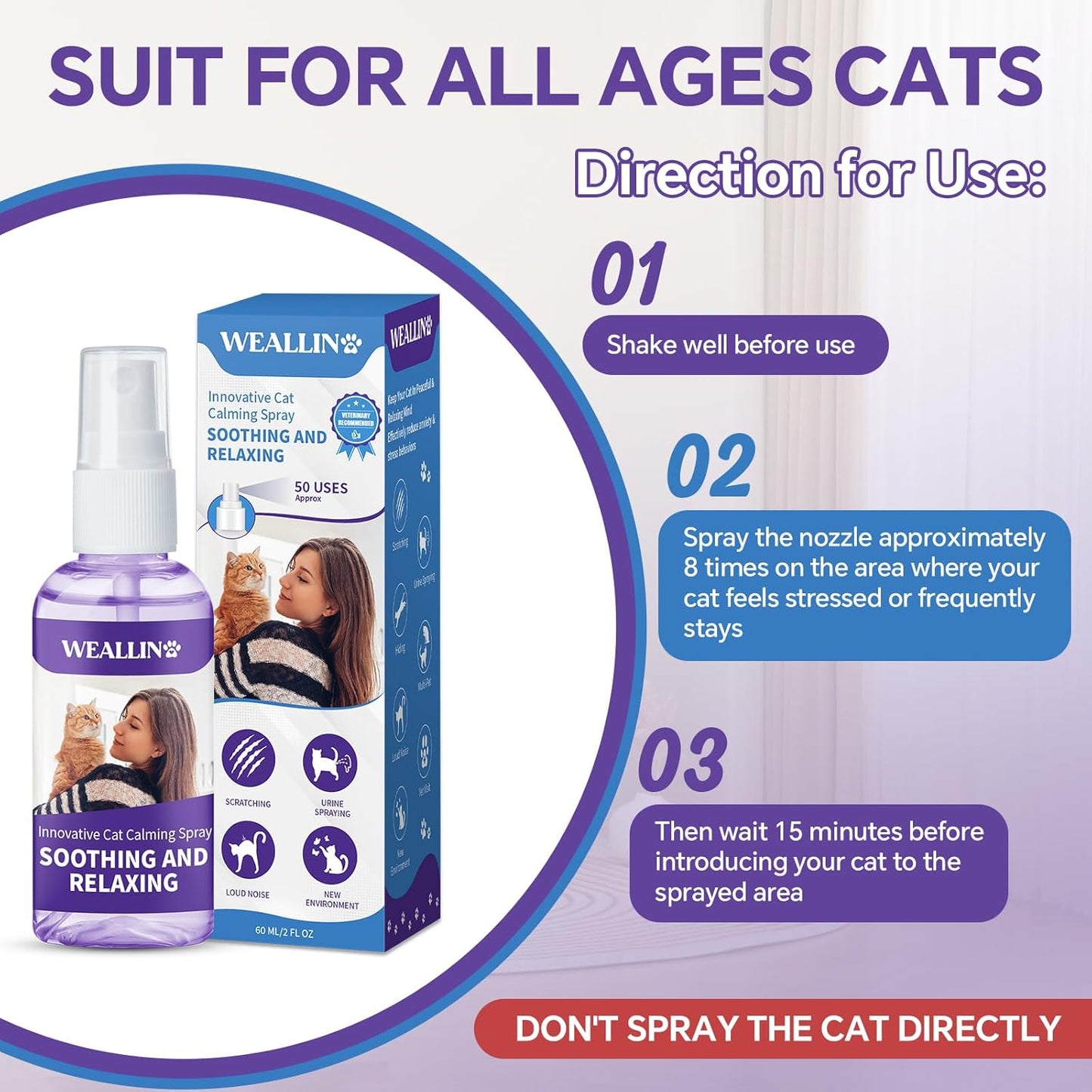 Cats Calming Spray - 2 Pack, Natural Calming Solution for Cats-Cat Facial Pheromone, Reduce Stress, Anxiety, Scratching, Hiding, Suit for Home, Travel, Vet Visits, Protect Furniture, Floors