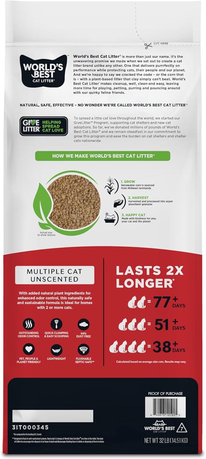 WORLD'S BEST CAT LITTER™ Multiple Cat Unscented, 32-Pounds