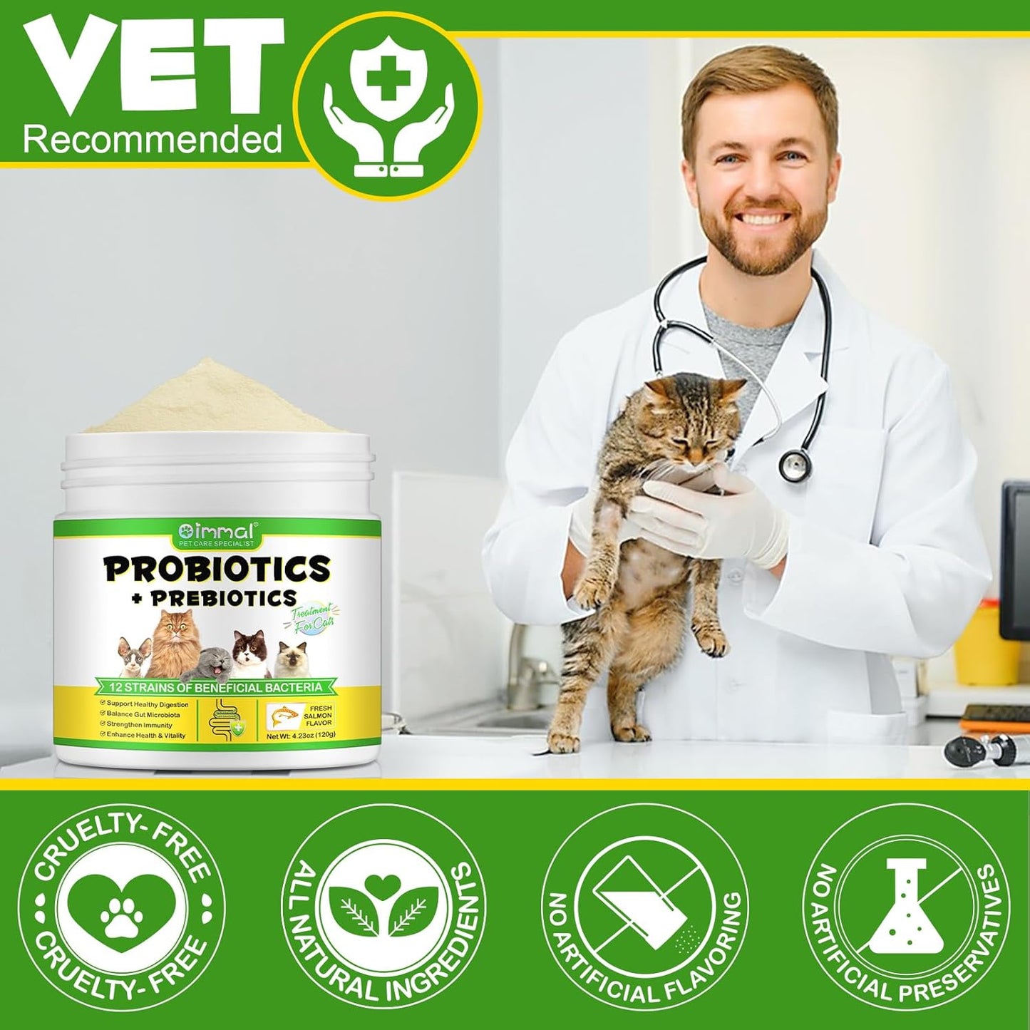 VT- Probiotics for Cats | Cat Probiotic Power | 12 Strains Prebiotics | Beef-Flavored Digestive Powder Supplement | 5 Billion CFUs | Gut Health Support | for All Ages and Breeds | 120g