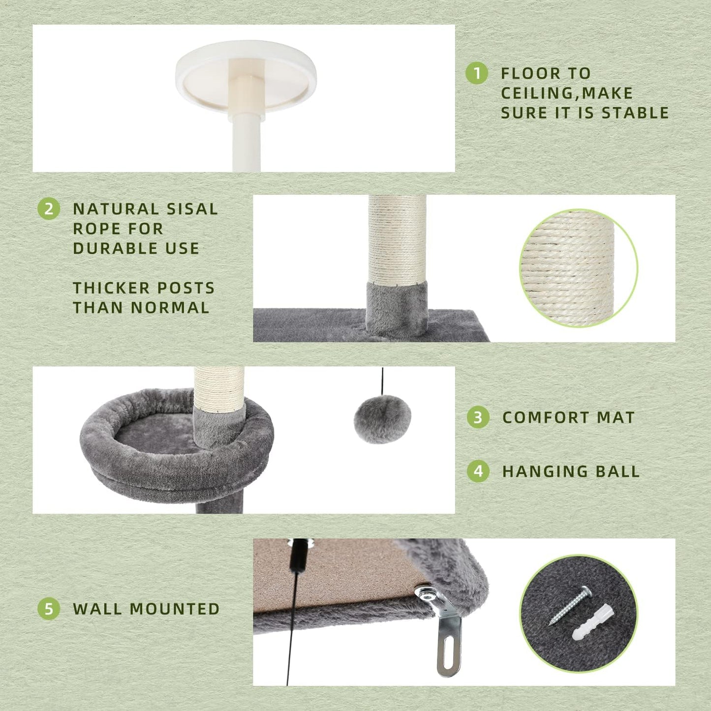 PAWZ Road Cat Tree 5-Tier Floor to Ceiling Cat Tower Height Adjustable 95-107 Inches, Tall Kitty Climbing Activity Center with Scratching Post, Cozy Bed, Dangling Ball for Indoor Cats Grey