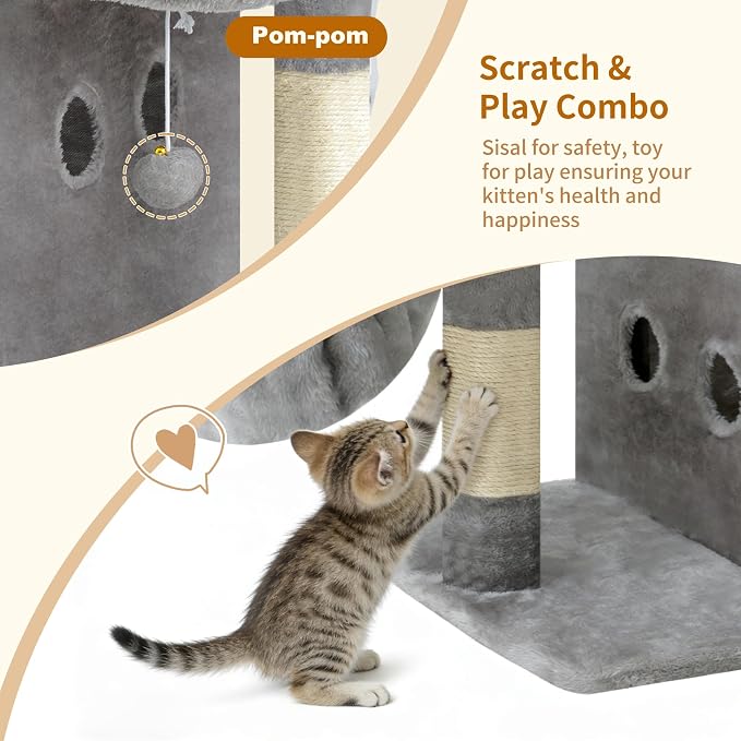 Heybly Cat Tree, 65cm Cat Tower with Spacious Top Perch for Large Cats,Light Grey
