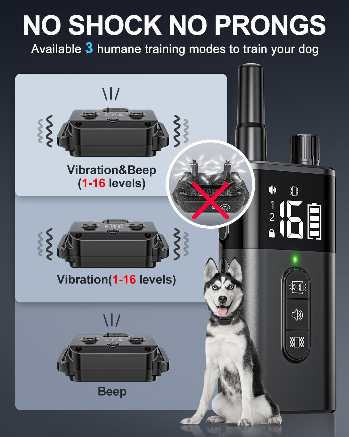 No Shock Dog Training Collar with Remote, Dog Vibration Collar with Controller Beep and Vibrate Only, Safe Lock Waterproof Rechargeable Vibrating Collars for Dogs(10-120 lbs)-No Prongs (Black)