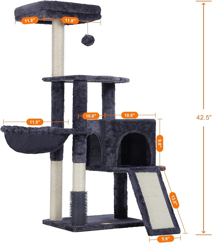 Heybly Cat Tree with Cat Self Groomer Brush, Cat Tower Condo for Indoor Cats with Padded Plush Perch,Grey