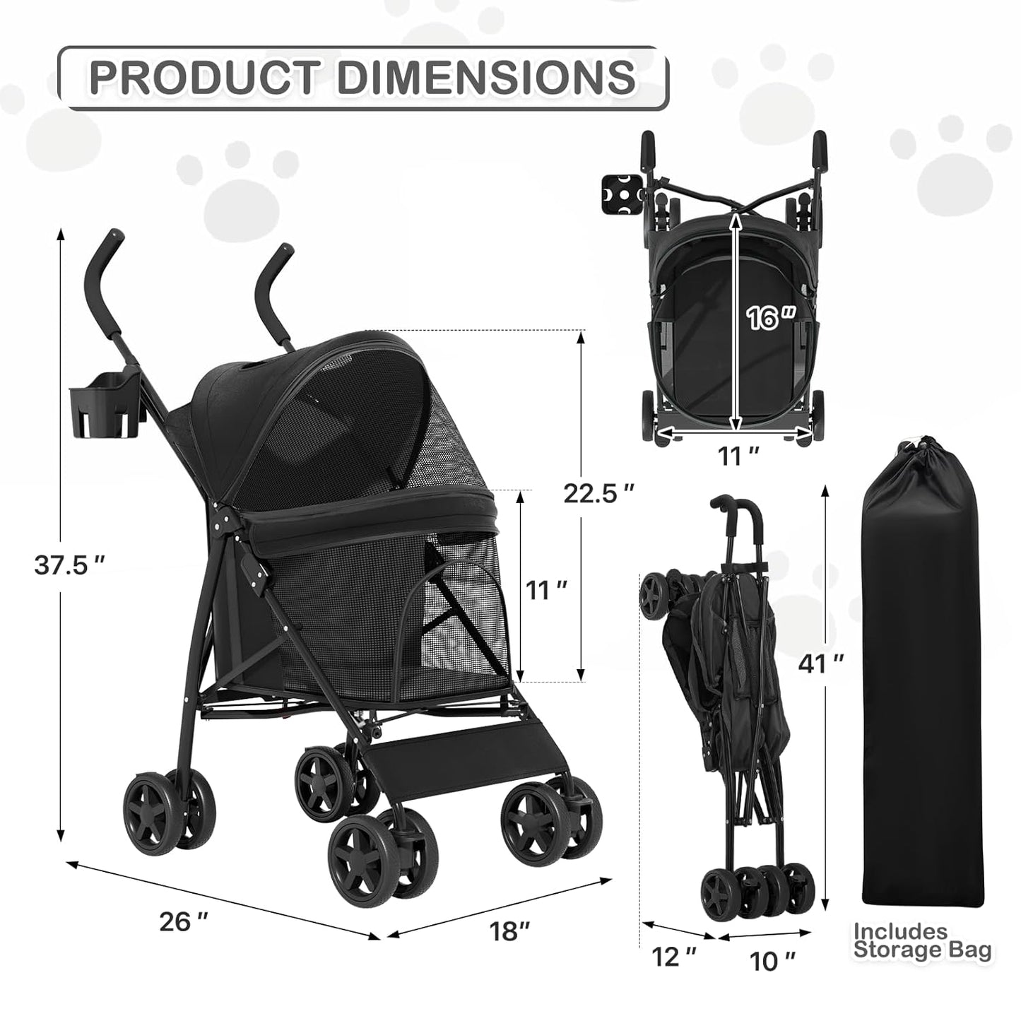 4-Wheel Pet Stroller for Small & Medium Dogs and Cats – Foldable Travel Pet Jogger with Breathable Mesh, Storage Basket & Cup Holder, Supports Pets up to 22 lbs