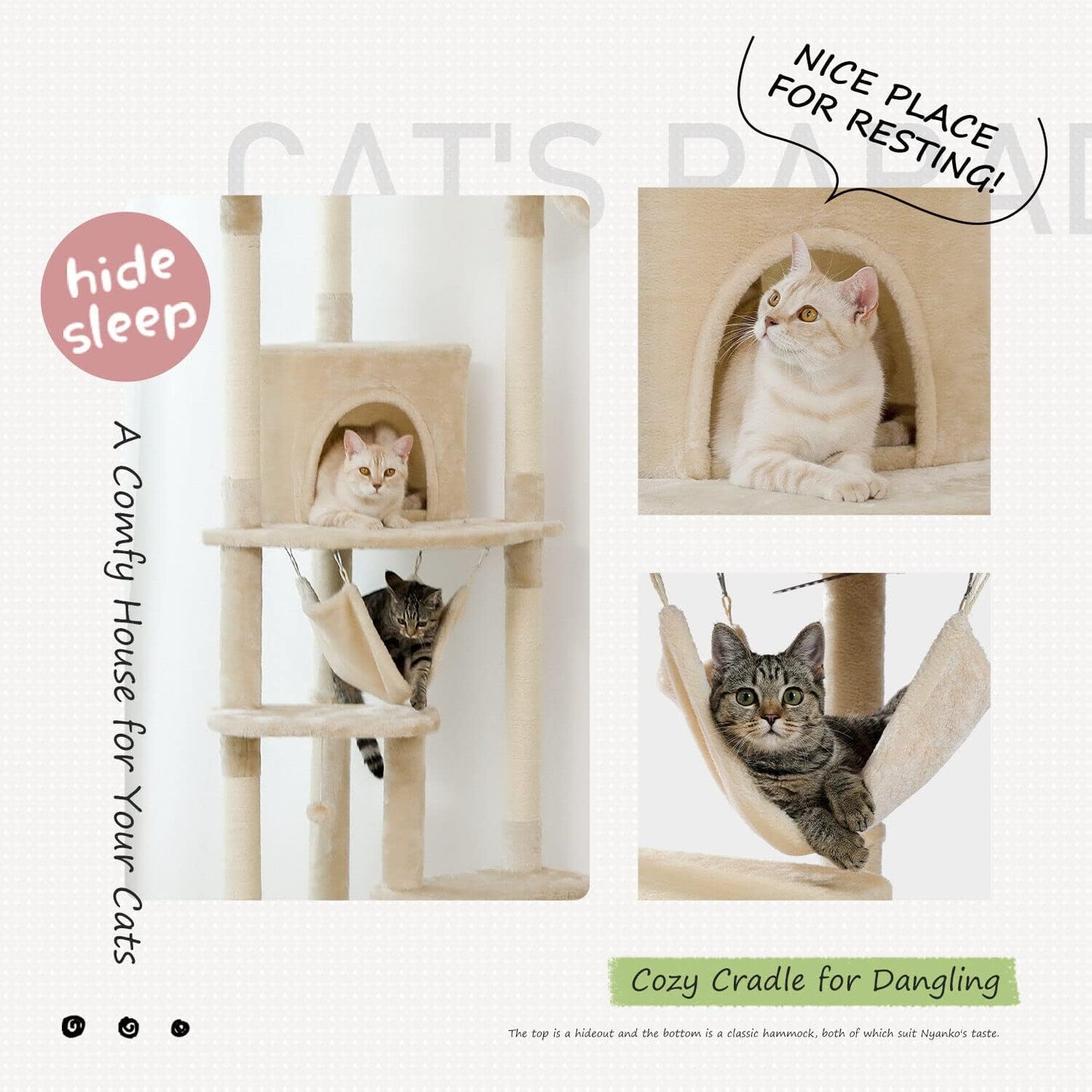 PAWZ Road Large Cat Tree Floor to Ceiling Cat Tower with a Cozy Condo, 6-Tier Cat Climbing Activity Center with Perch and Hammock for Adult Cats Beige
