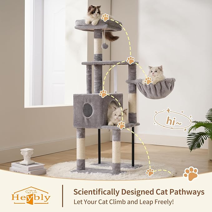 Heybly HCT200SW Cat Scratching Post, 125 cm, Small Cat Tree, Spacious and Comfortable Scratching Post with Cave