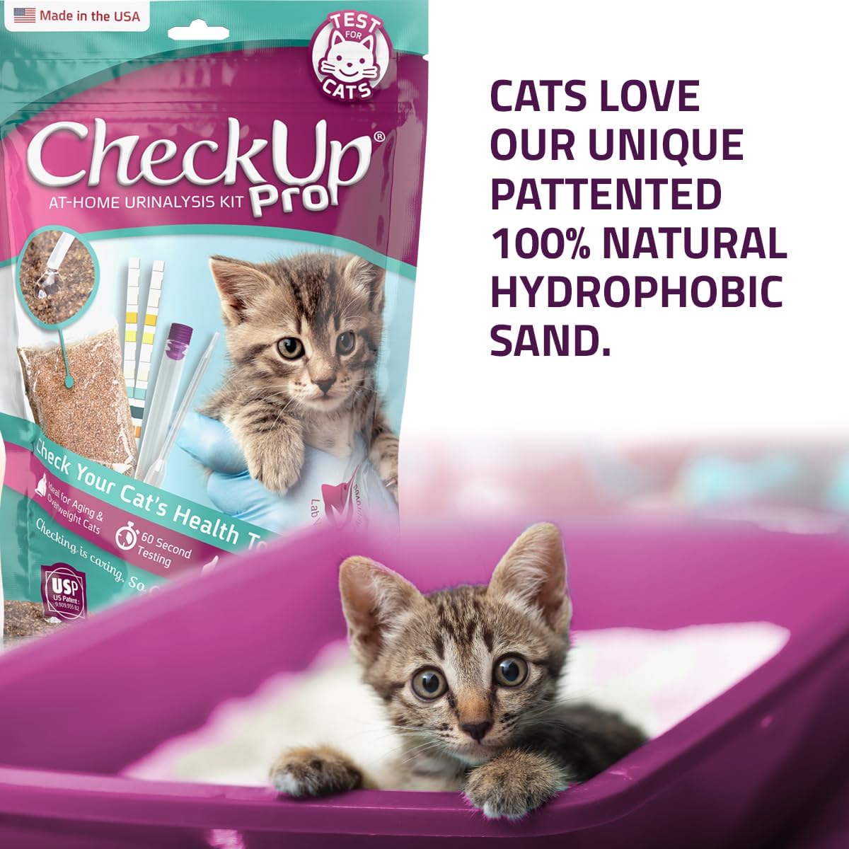 CheckUp Pro at Home Wellness Test for Cats | Hydrophobic Litter for Urine Collection & two 10 Indicators Test Strips for pH, Protein Urobilinogen, Glucose, Bilirubin, Ketone, S-Gravity, Blood in urine