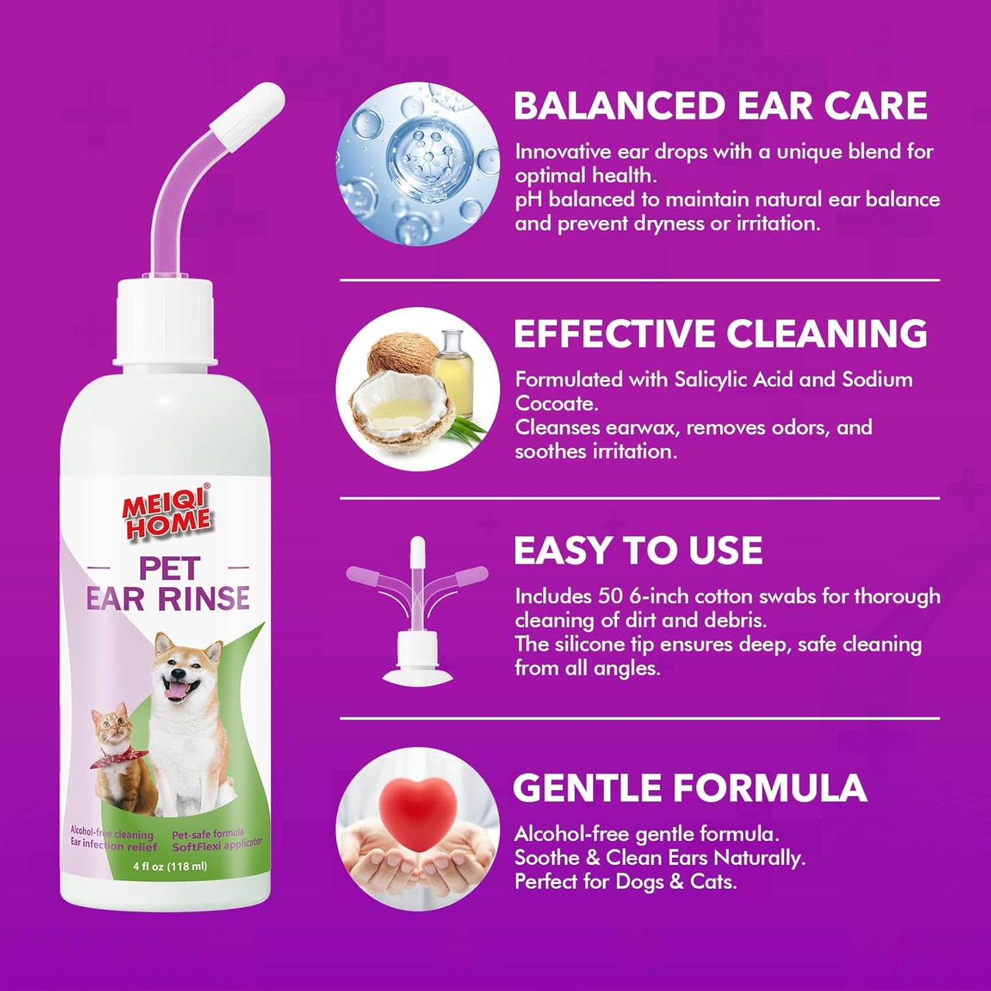 MEIQIHOME Ear Cleaner for Dogs and Cats Soothes. Includes 50 Cotton Swabs, 4 Fl oz