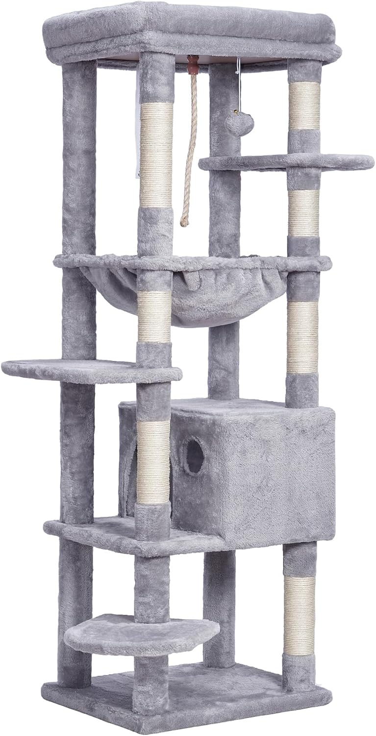 Heybly HCT050W Cat Scratching Post with Blankets for Large Cat Tree Large Platforms Cave 50 x 50 x 153cm Light Grey
