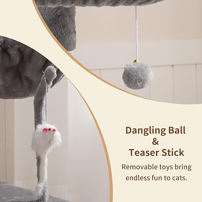 Heybly 110cm Cat Tree with Toy, Cat Tower for Indoor Cats, Cat Play Tower with Padded Plush Perch, Grey