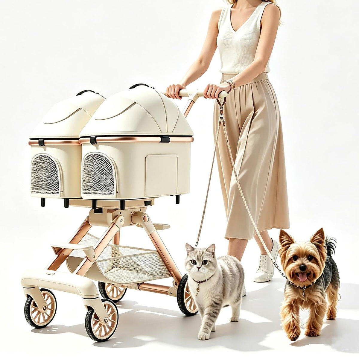 Double Pet Stroller, Foldable All-Terrain Stroller for 2 Small Dogs & Cats