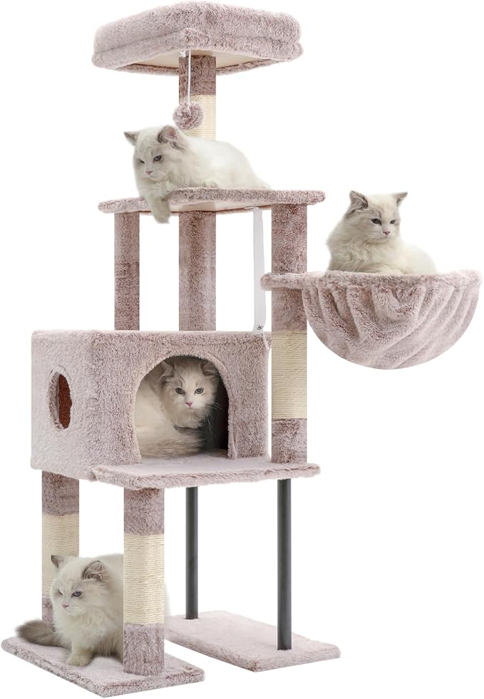 Heybly HCT200SMU Cat Scratching Post, 125 cm, Small Cat Tree, Spacious and Comfortable Scratching Post with Cave