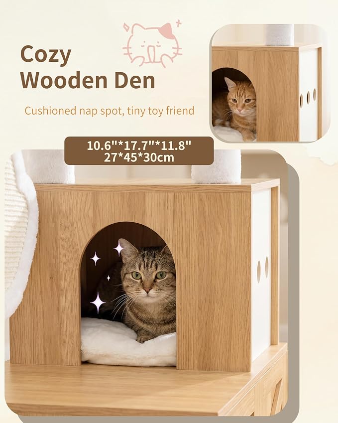 Heybly Cat Tree with Litter Box Enclosure, Modern 162cm Hidden Cat Tower for Indoor Cats,White Oak