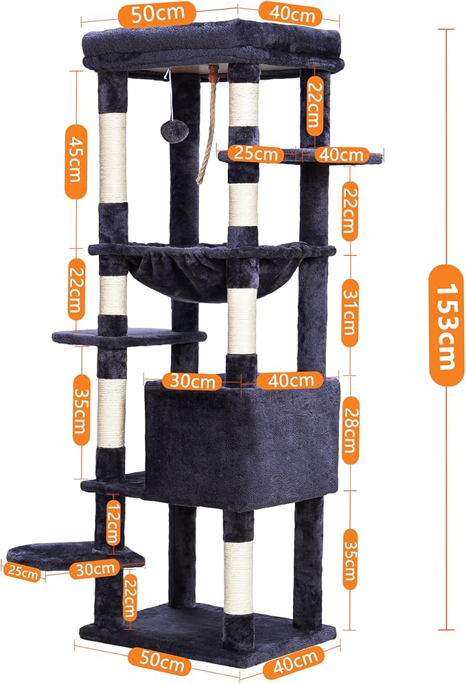 Heybly HCT050G Cat Scratching Post with Blankets for Large Cat Tree Large Platforms Cave 50 x 50 x 153cm Smoke Grey