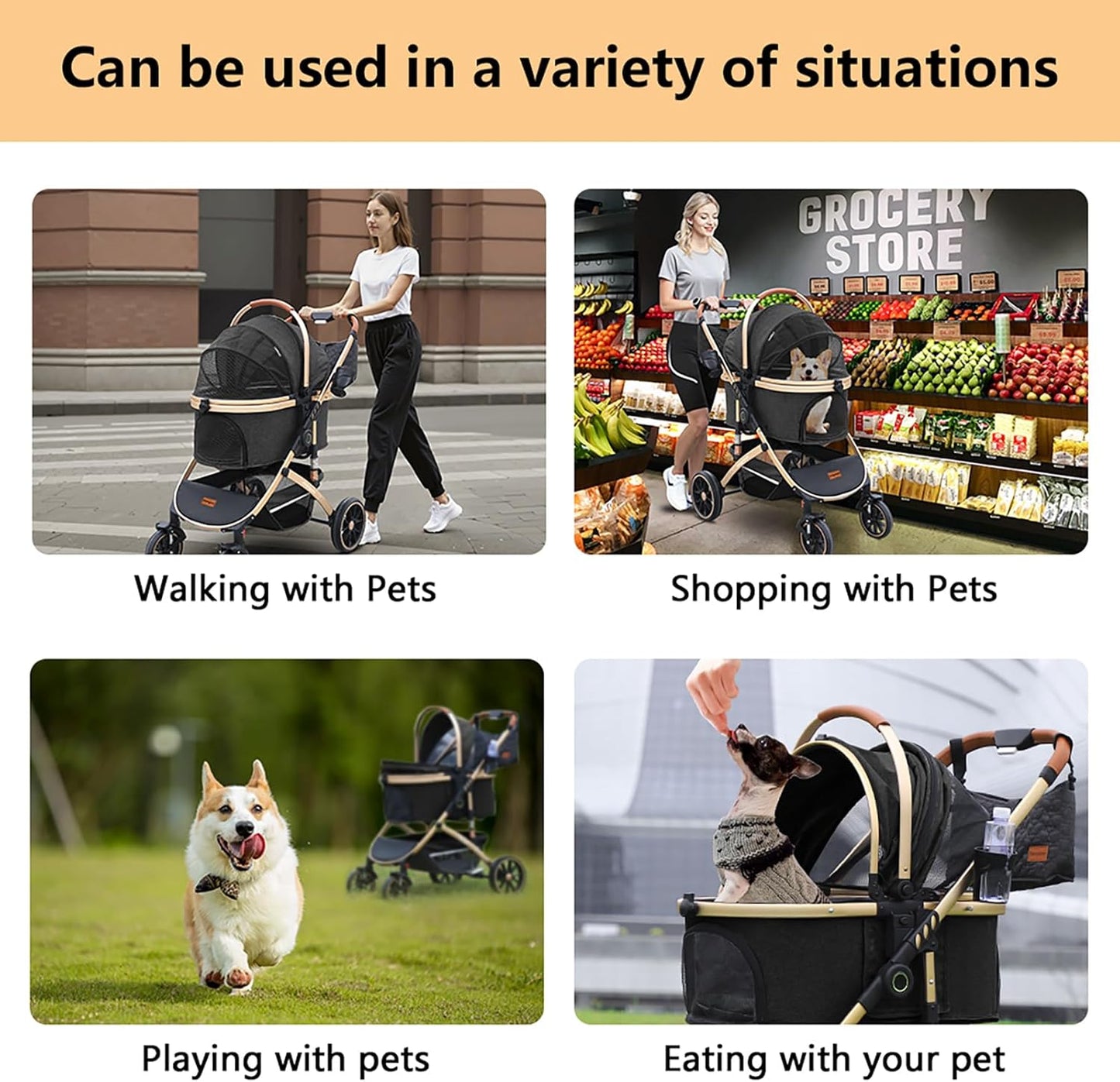 Dog stroller with 4 Wheels, Folding Cat Stroller for Small/Medium/Large dogs & cats to 60 lbs, pet stroller with removable carrier, Storage Basket,Cup Holder,3 in1 Multifunctiona Detachable