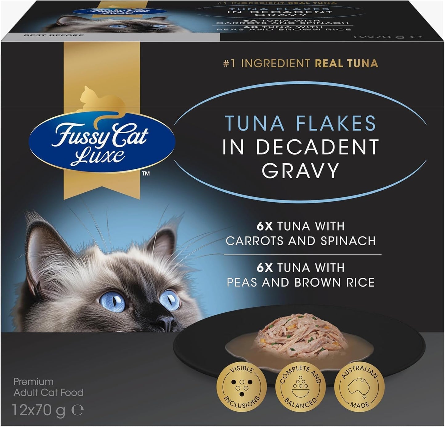 Fussy Cat Luxe Wet Cat Food, Tuna Flakes in Decadent Gravy 12x70g