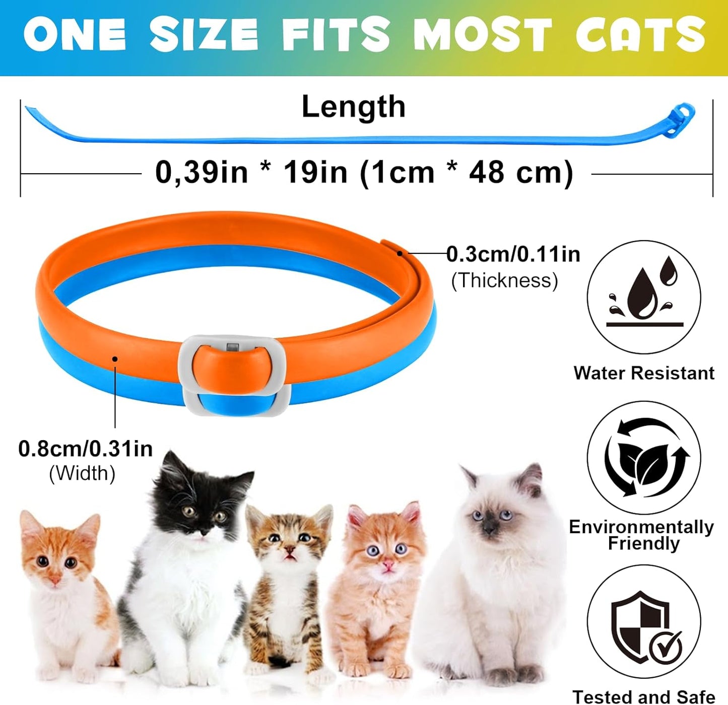 Cat Flea and Tick Collar | 24-Month Flea & Tick Prevention | Adjustable, Water-Resistant & Safe | Natural Ingredients | for Cats of | 4-Pack (Blue and Orange, Normal)