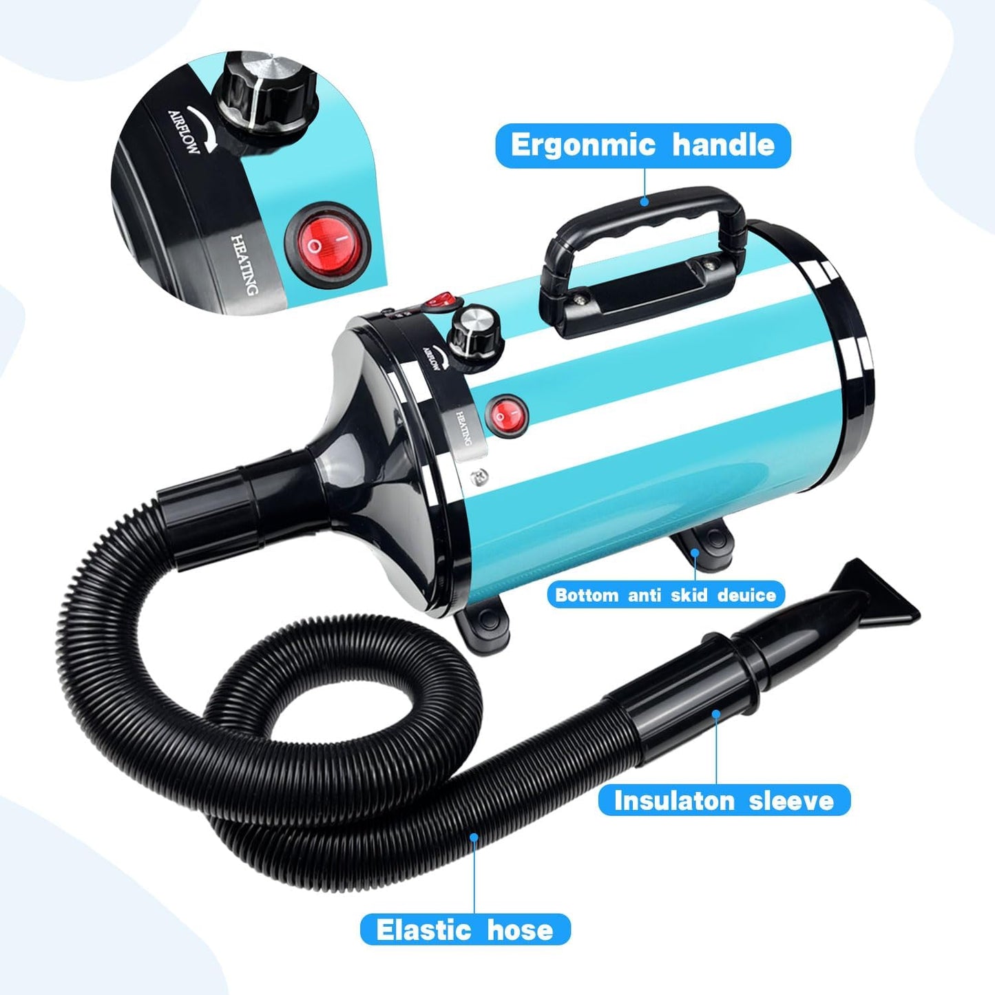 Professional Dog Hair Dryer, Low Noise, Adjustable Temperature (Blue)