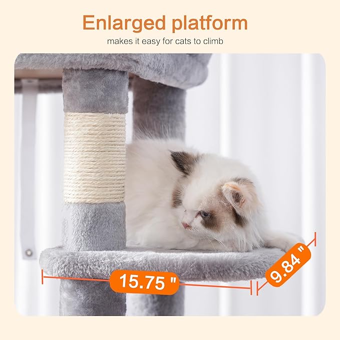 Heybly HCT050W Cat Scratching Post with Blankets for Large Cat Tree Large Platforms Cave 50 x 50 x 153cm Light Grey