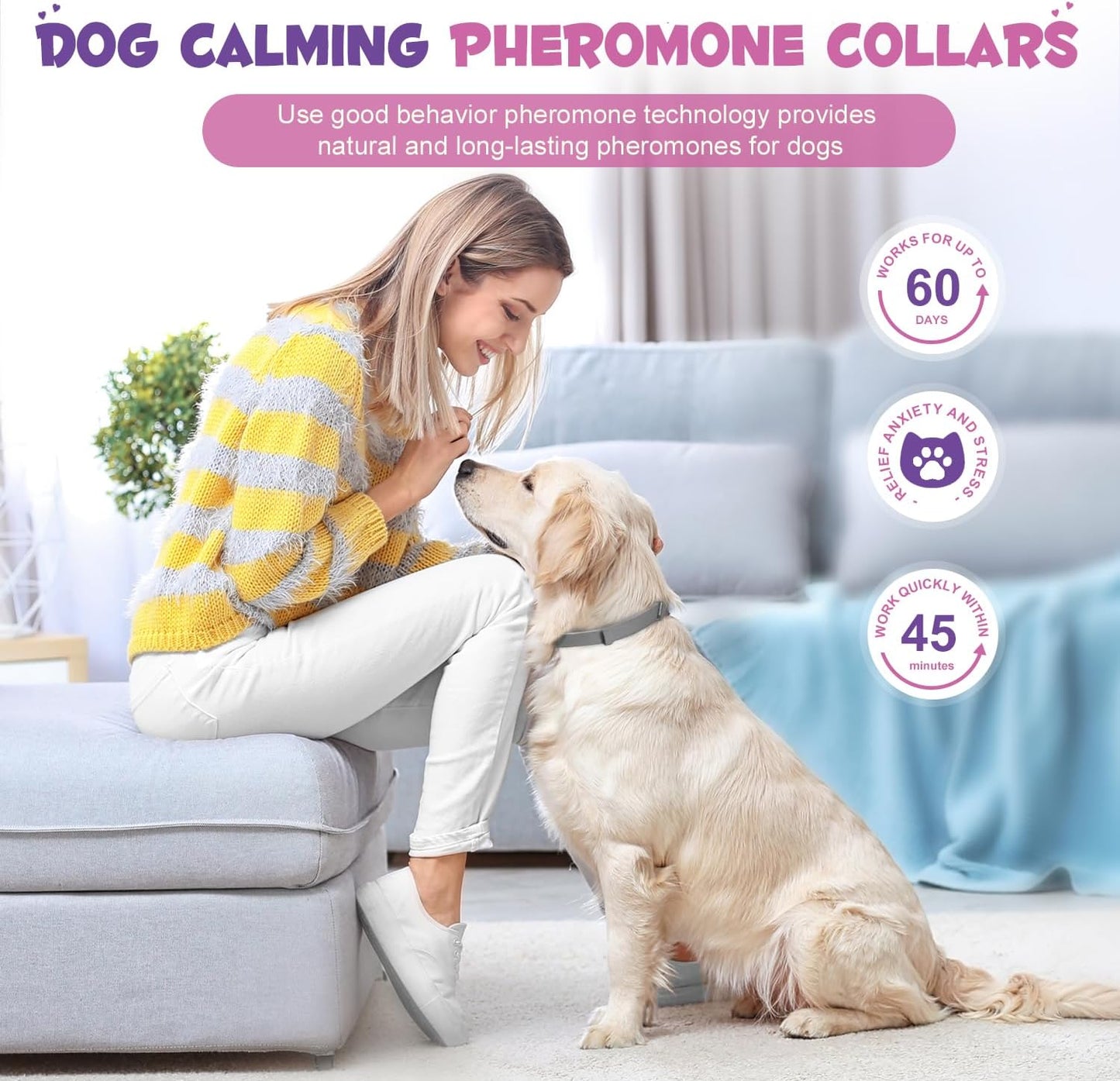 4 Pack Calming Collar for Dogs with Natural Pheromone | Dog Calming Collar Helps Reduce Unwanted Behavior | Stress Relief for Puppy & Adult Dogs, ‌Waterproof Calm & Relaxation Lasts 60 Days (Grey)
