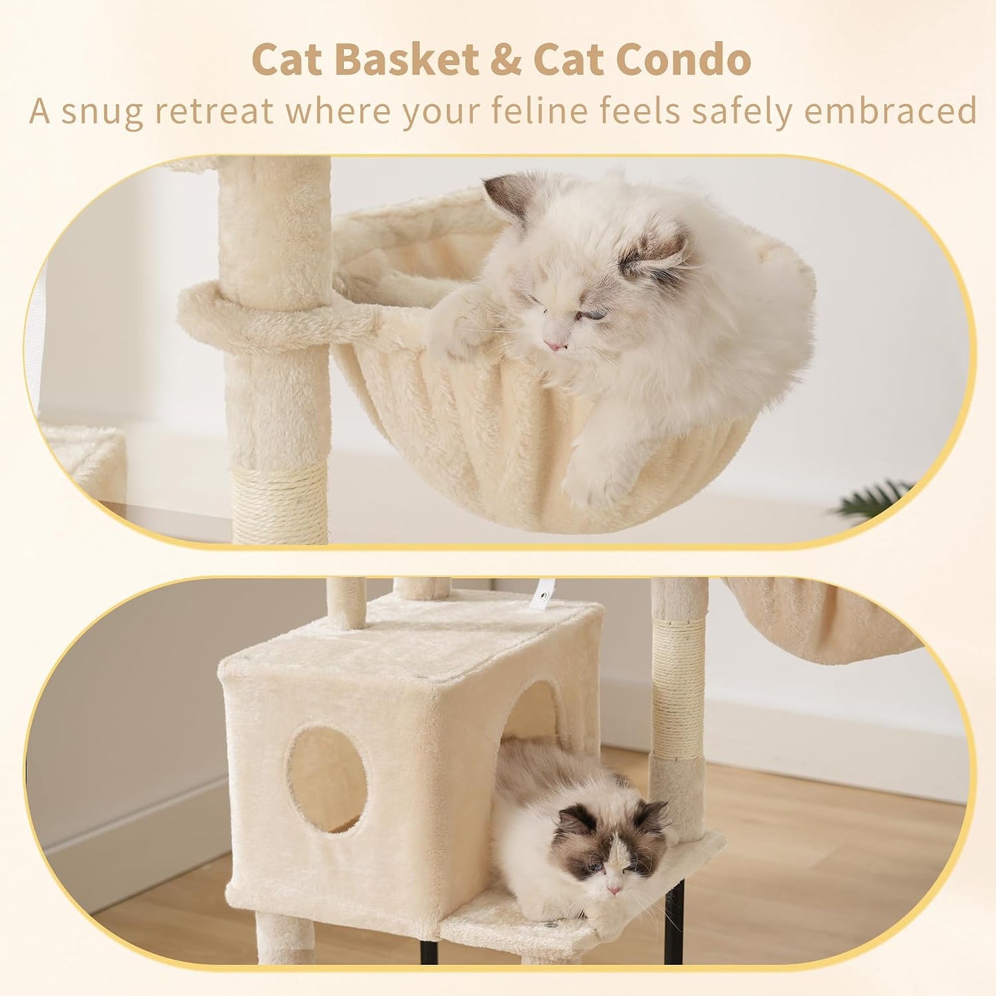 Heybly Cat Tree, 125 cm Cat Tower for Indoor Cats, Spacious Cat House Condo with Hidden Space，Sturdy Steel Tube，Soft Plush Top Perch，Cozy Hammock and Sisal Scratching Posts, Beige HCT200SM