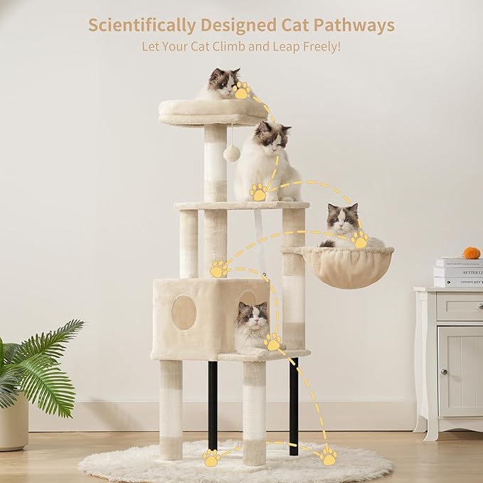Heybly Cat Tree, 125 cm Cat Tower for Indoor Cats, Spacious Cat House Condo with Hidden Space，Sturdy Steel Tube，Soft Plush Top Perch，Cozy Hammock and Sisal Scratching Posts, Beige HCT200SM