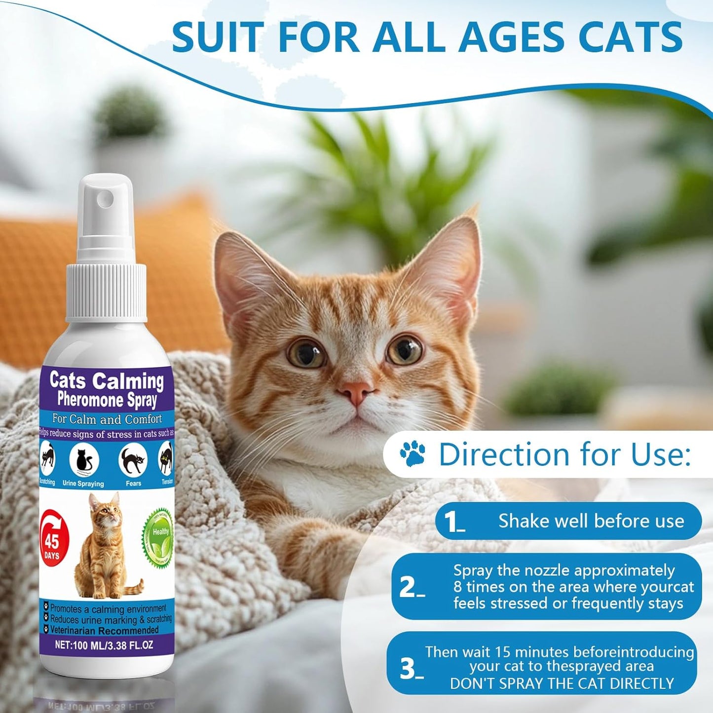 【𝐇𝐢𝐠𝐡𝐥𝐲 𝐄𝐟𝐟𝐞𝐜𝐭𝐢𝐯𝐞】Cat Calming Pheromone Spray for Stress & Anxiety ReliefDrug-Free & Vet Recommended – with F3 Facial Pheromone 6.76oz