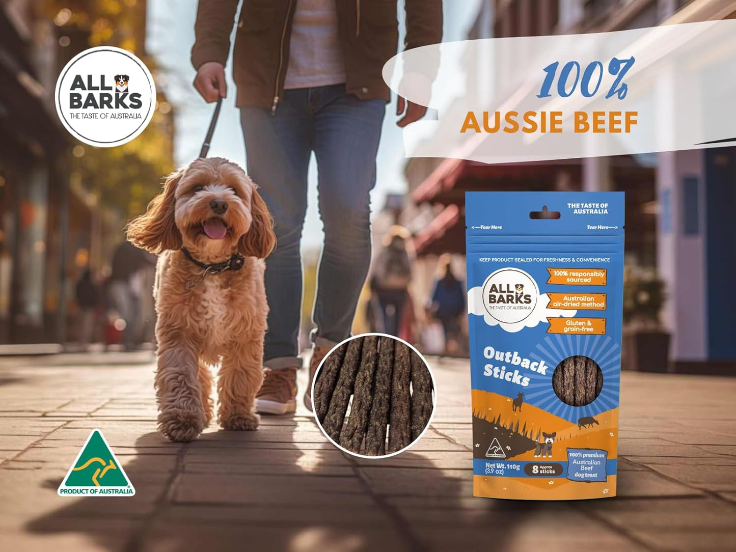 Outback Sticks - 100% Real Aussie Beef - Natural, Grain-Free, Australian Dog Treats - Snacks, Treats & Rewards for Your Dog - 110g - Approx 8 Sticks per Bag